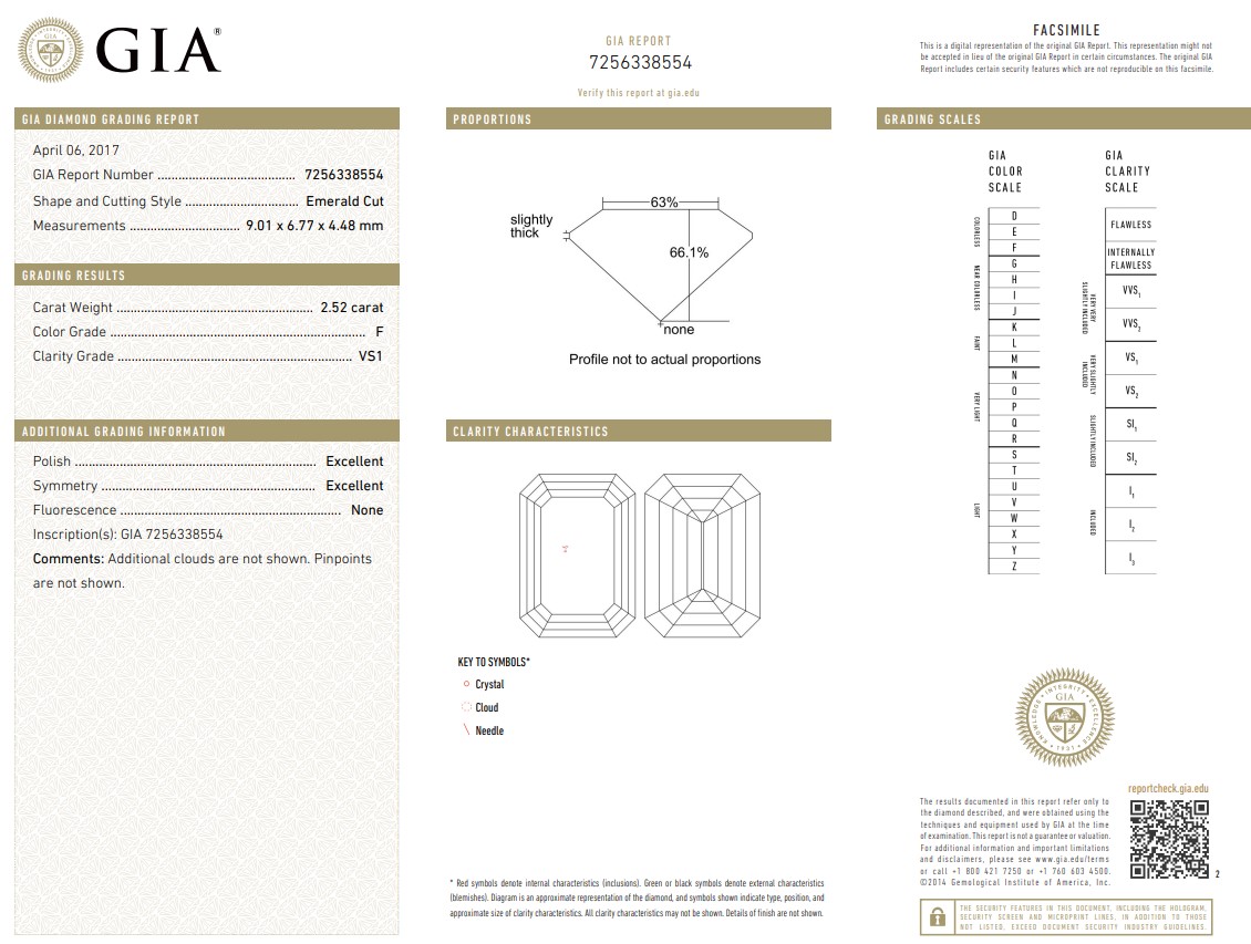 14K hvitt gull forlovelsesring med GIA sertifisert naturlig smaragd-slipt diamant; 2.52ct. F - VS1 + 0.50ct