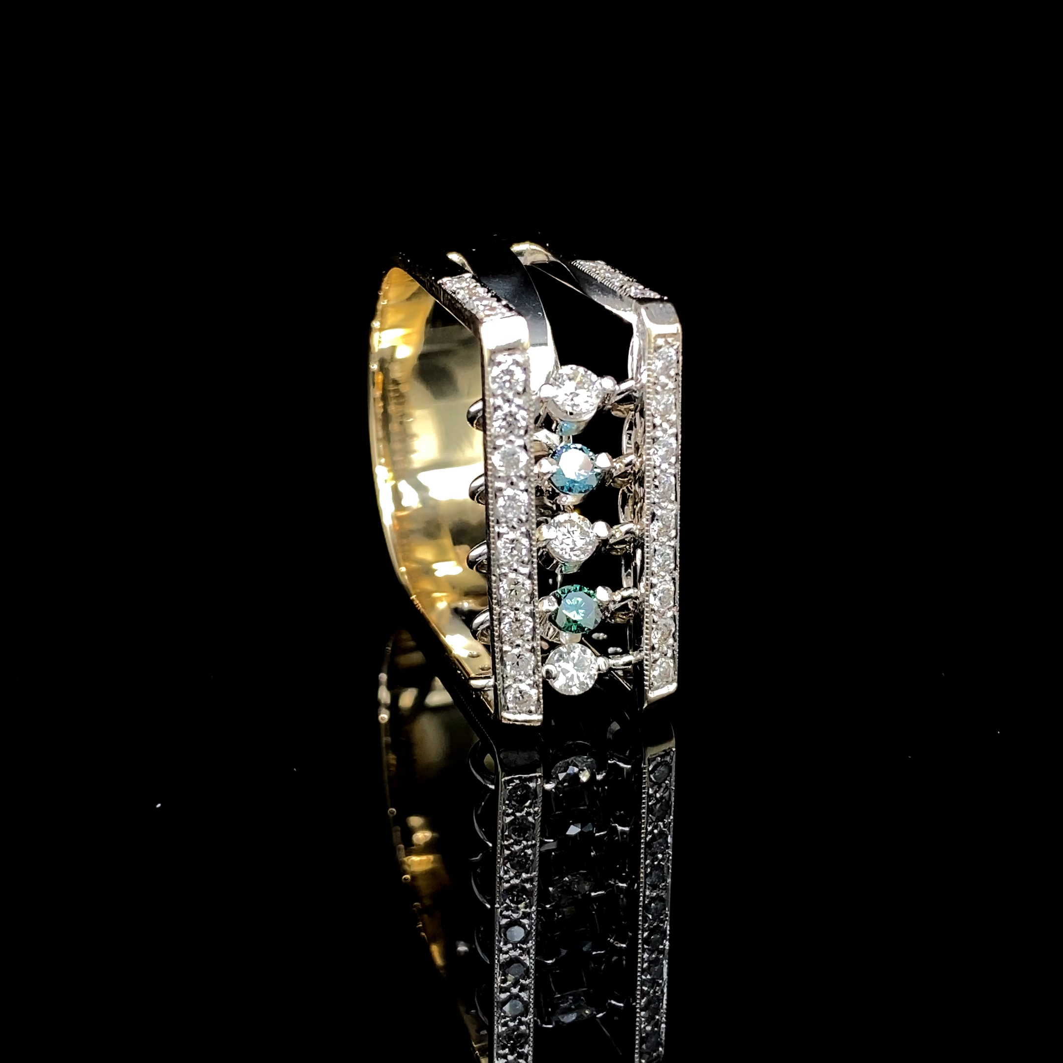 Handmade 14K yellow gold ring with 39 busih-green & white diamonds